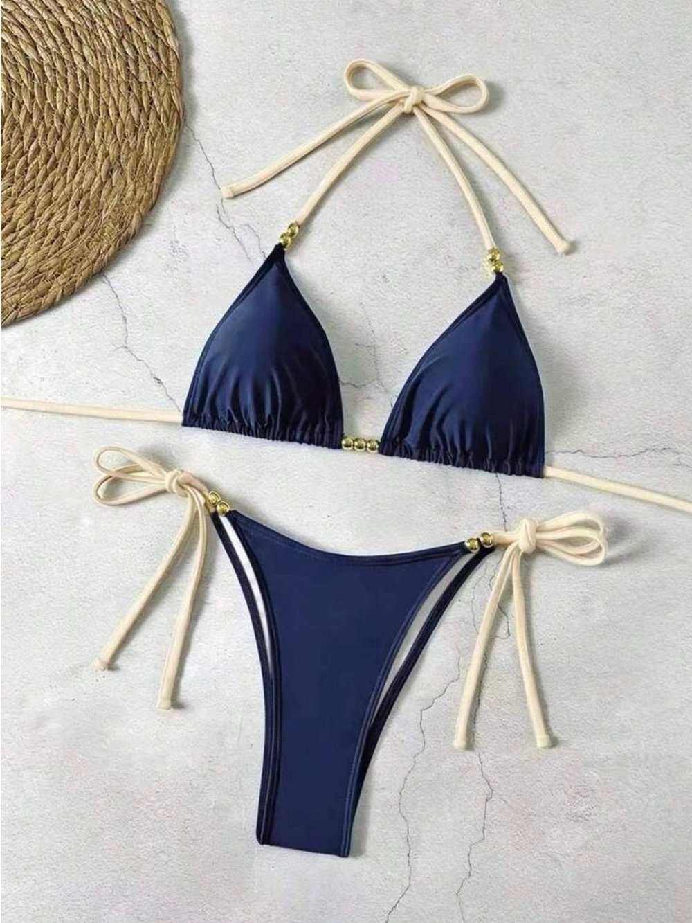 SHEIN Navy Bikini with Cream Ties and Gold Beads